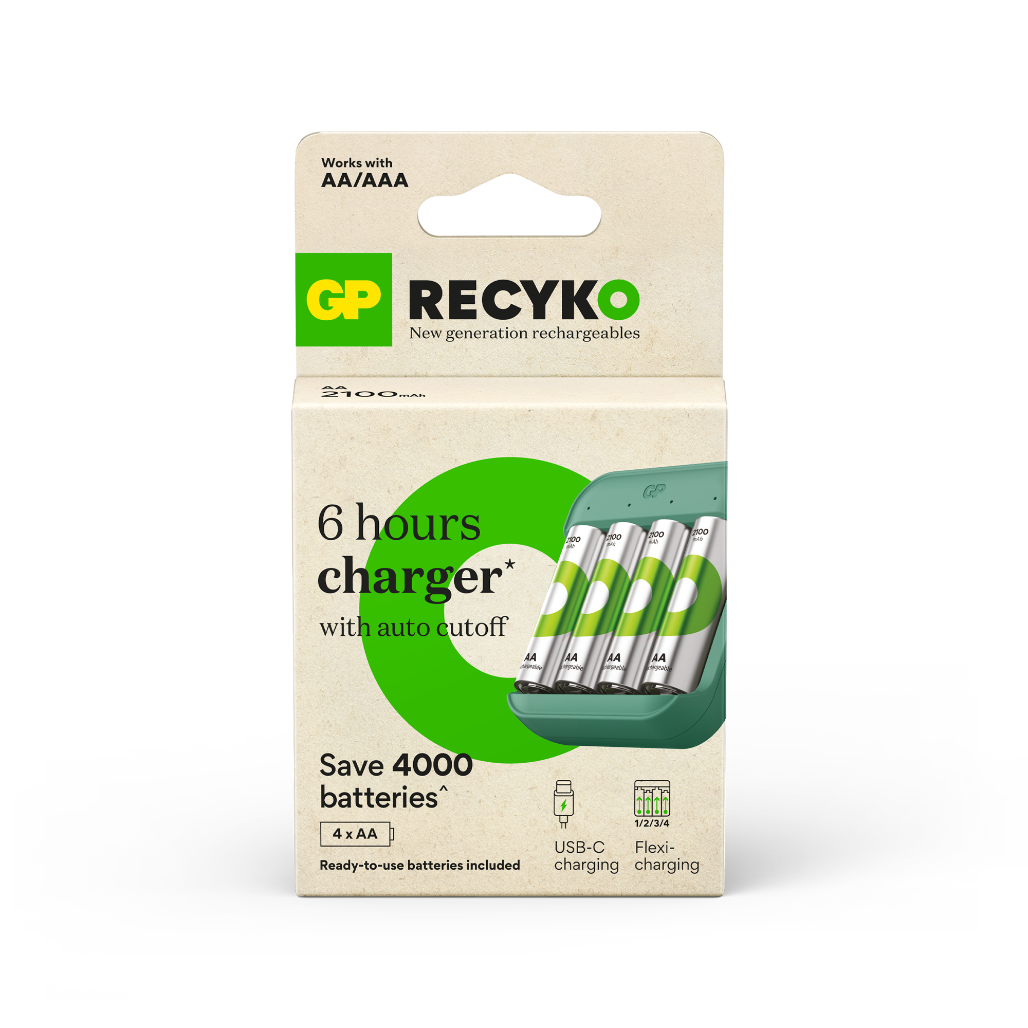 GP Recyko 4-slot B423 NiMH Battery Charger with 4 x AA 2100mAh Batteries