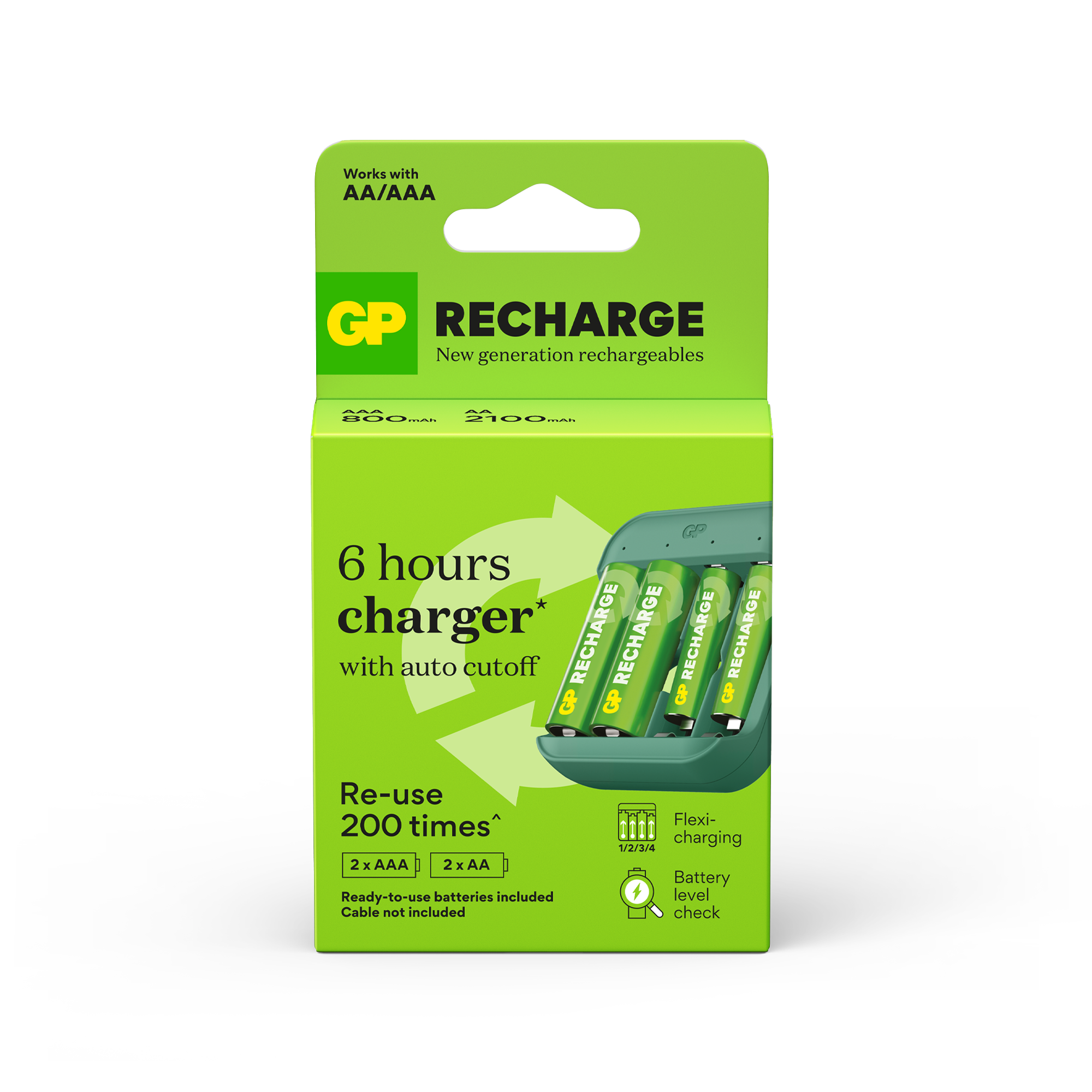 GP Recharge 4-slot B423 NiMH Battery Charger with 2 x AA 2100mAh & AAA 800mAh Batteries